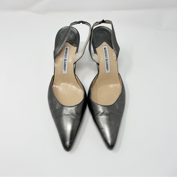 Manolo Blahnik Carolyne 70mm Silver Leather Slingback Pumps  Heels Size 39 - Picture 4 of 12